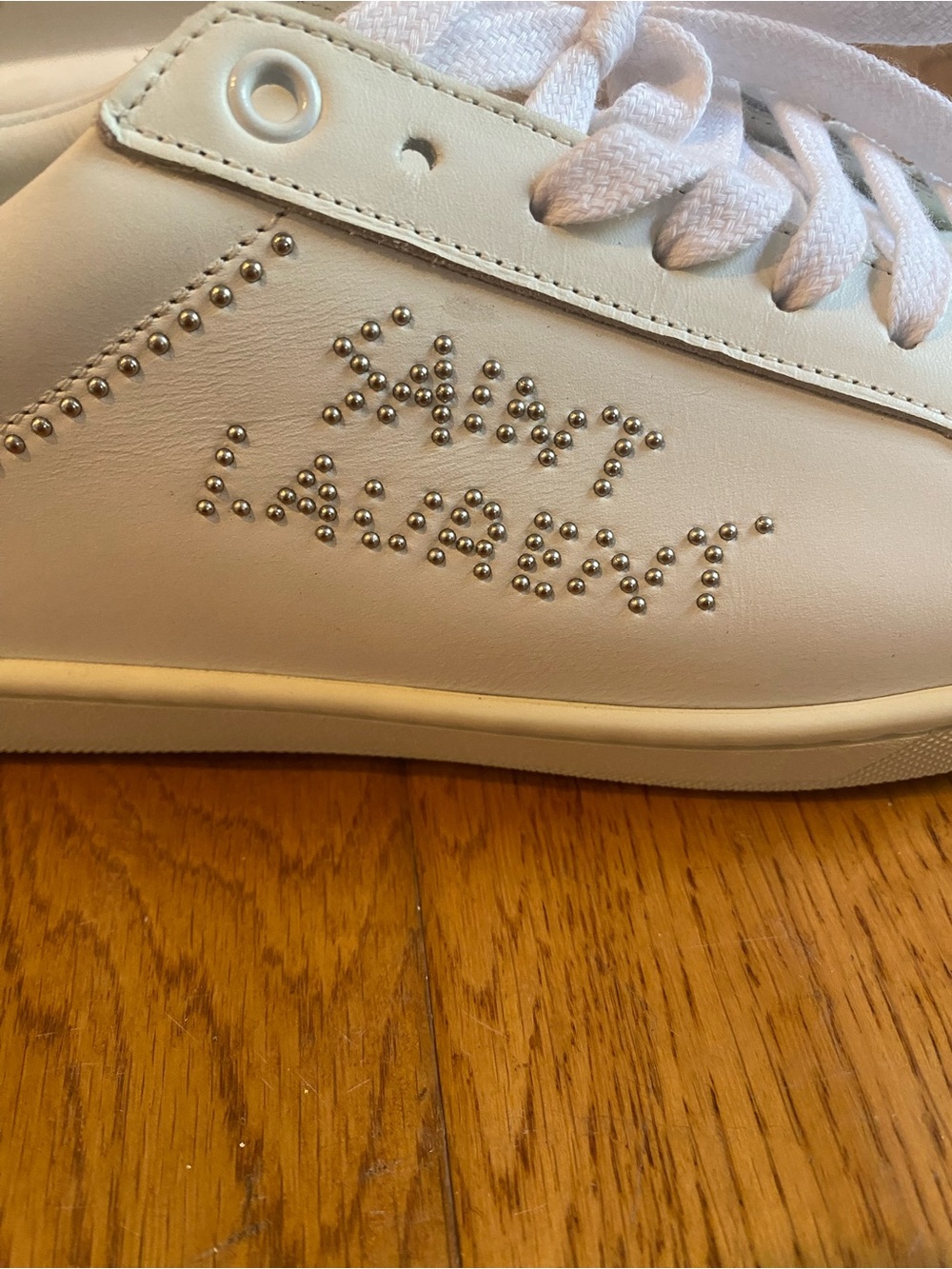 Saint Laurent White Leather Low-Top Sneakers with Stud Logo - Picture 1 of 15